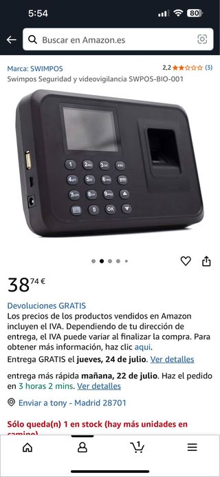 Control Acceso Biométrico SWIMPOS-BIO-001