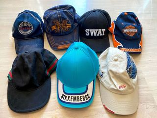 9 Gorras: Bikkembergs turquesa, armani, gucci..
