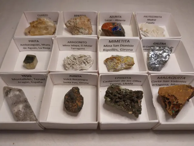 Lotto di 12 minerali in scatole da 4x4cm