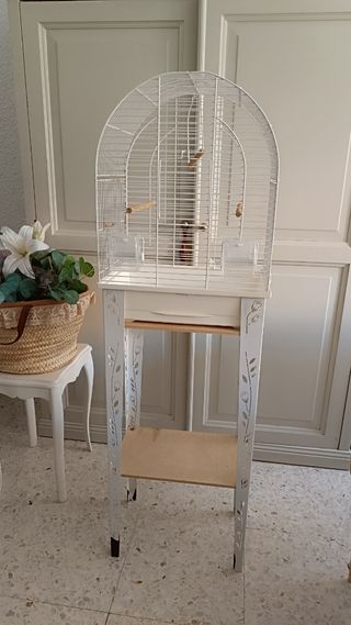 Jaula pajaros blanca con soporte