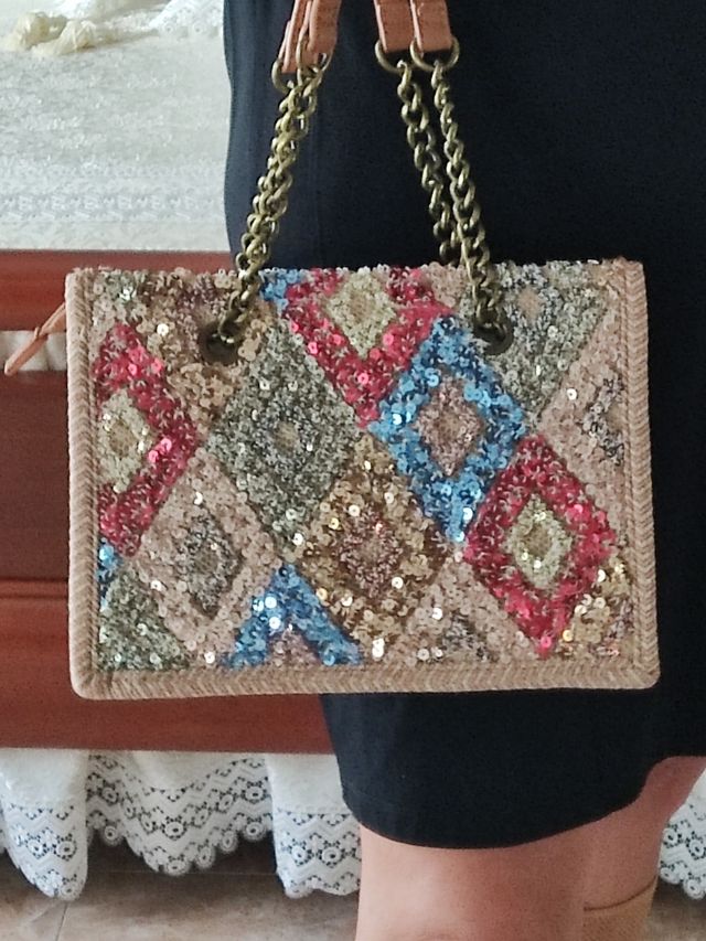 Borsa paillettes beige multicolor