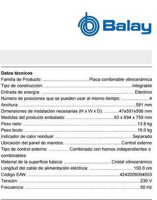 Placa Vitrocerámica Balay 3EP920L