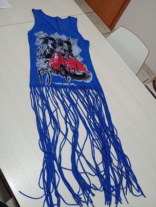 Top estivo vintage blu con frange