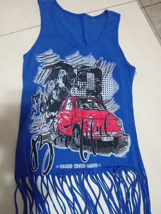 Top estivo vintage blu con frange