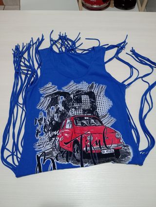 Top estivo vintage blu con frange