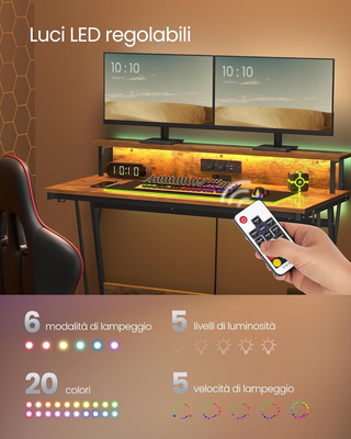 Scrivania da Gaming con Luci LED e Prese di Corren