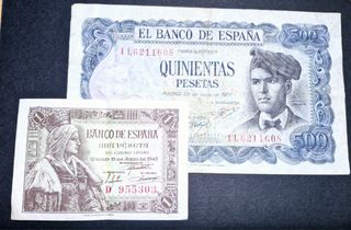 2 billetes 1 pesetas del 1945 y 500 ptas de 1971