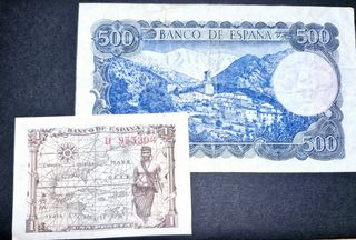 2 billetes 1 pesetas del 1945 y 500 ptas de 1971