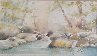 Acuarela paisaje rivera de río - E.Libeth