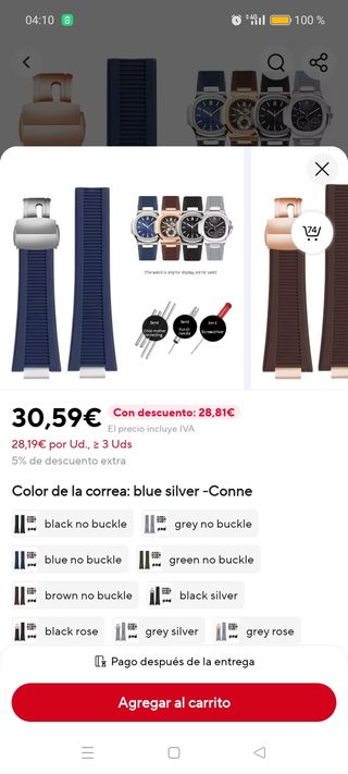 Correa reloj  para Patek Nautilus azul plata.Nueva