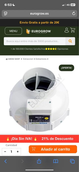 Extractor Prima Klima PK125-L 360m³/h
