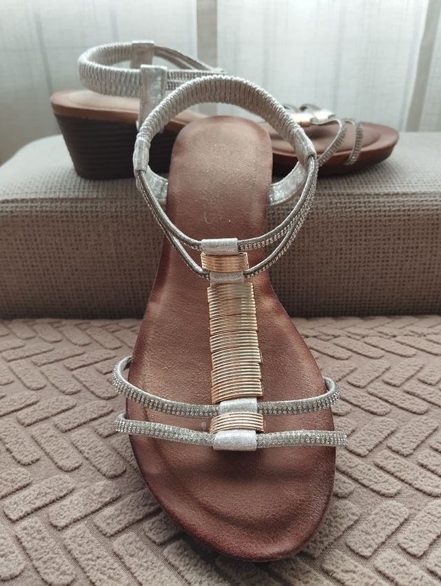 Sandalias cuña mujer doradas y plateadas talla 37