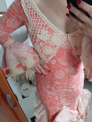Vestido Flamenca Rosa, asalmonado y blanco