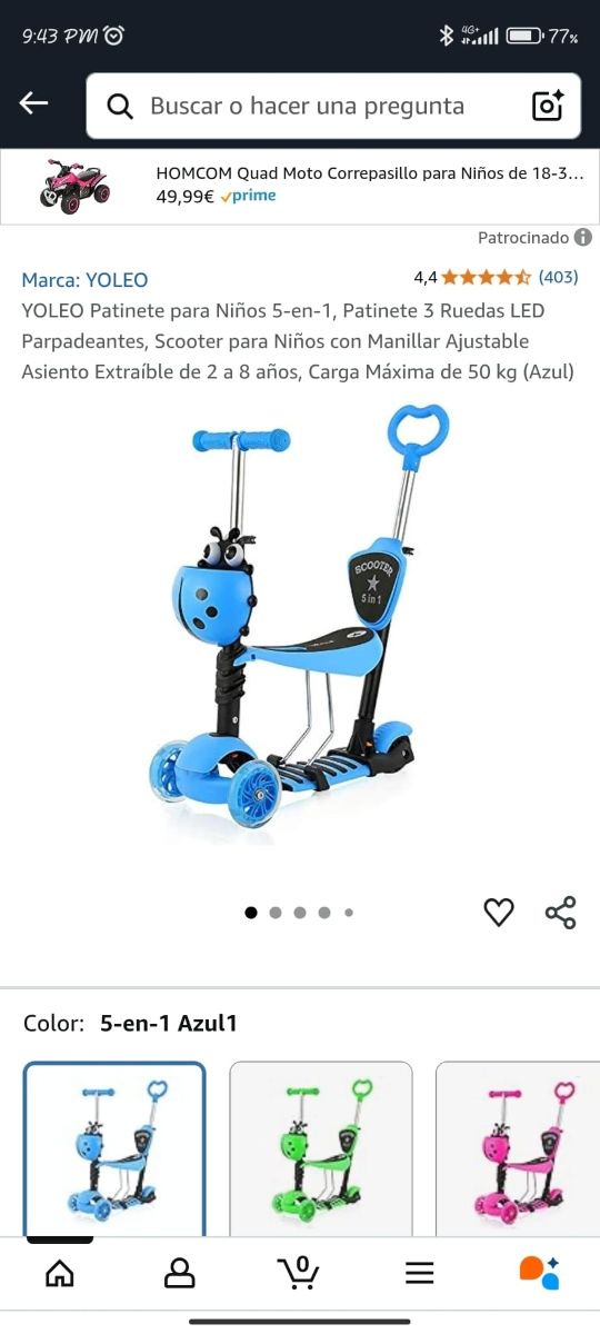 Patinete YOLEO 3 Ruedas LED para Niños