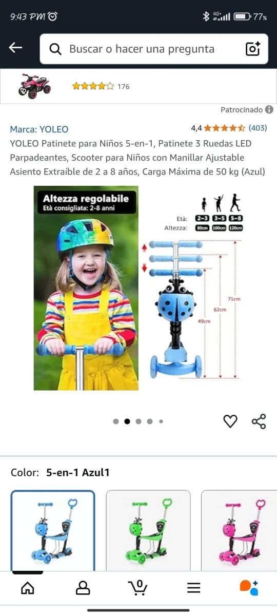 Patinete YOLEO 3 Ruedas LED para Niños