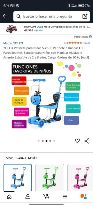 Patinete YOLEO 3 Ruedas LED para Niños