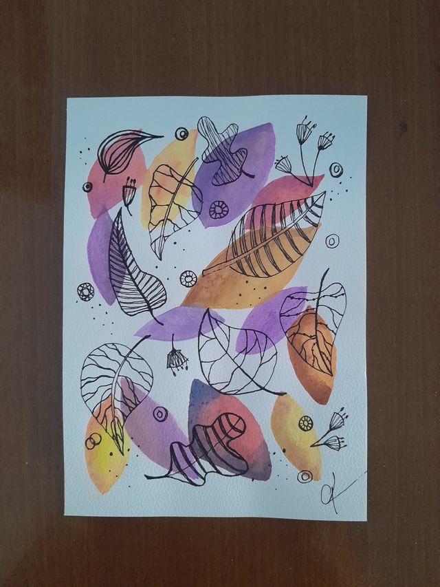 Acuarela y rotulador hojas otoñales A5