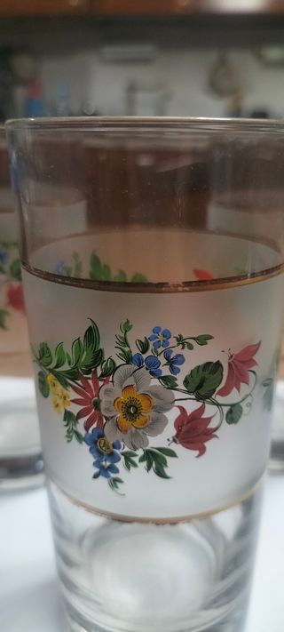 6 Bicchieri Vetro Fiori Vintage
