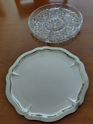 Fuente cristal labrada + bandeja metal. VINTAGE.
