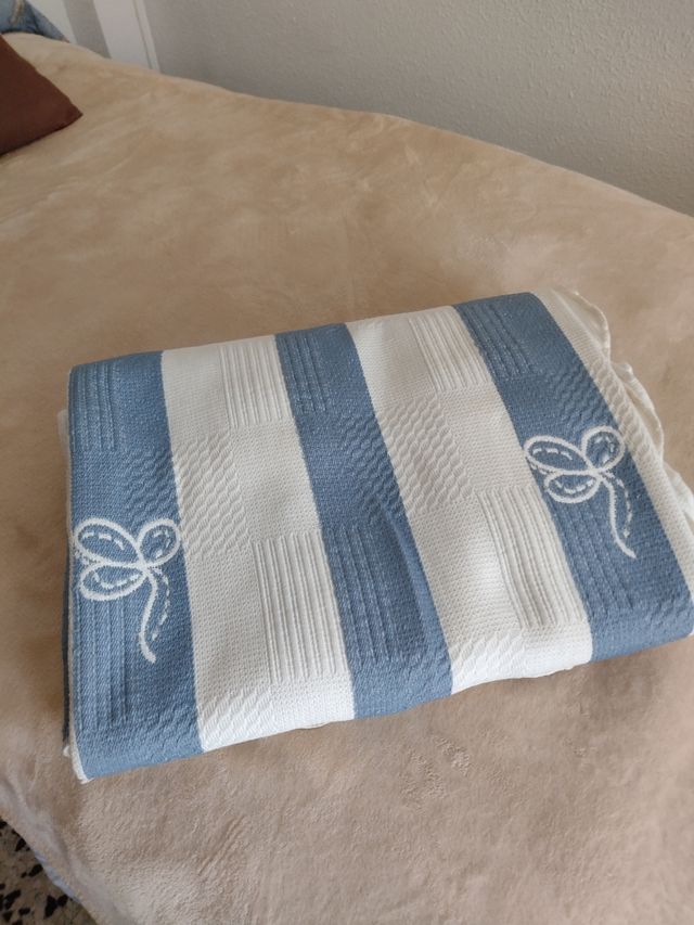 Colcha cama rayas azul-blanco cama 90.