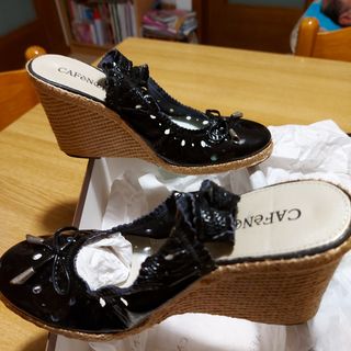 Sandali CAfèNoir neri vernice con zeppa in corda