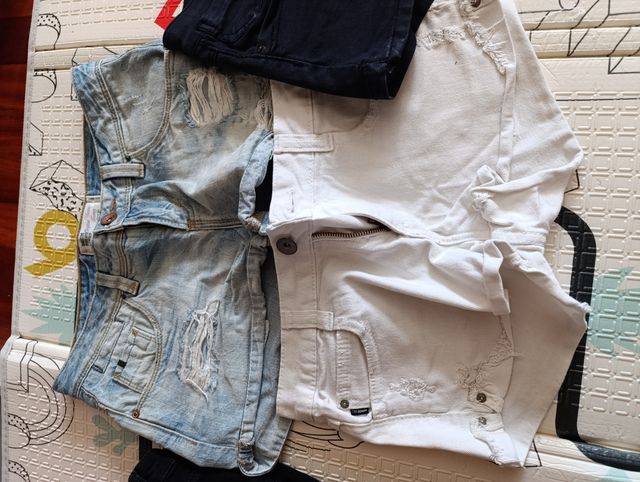 3 shorts vaqueros: azul, blanco, negro