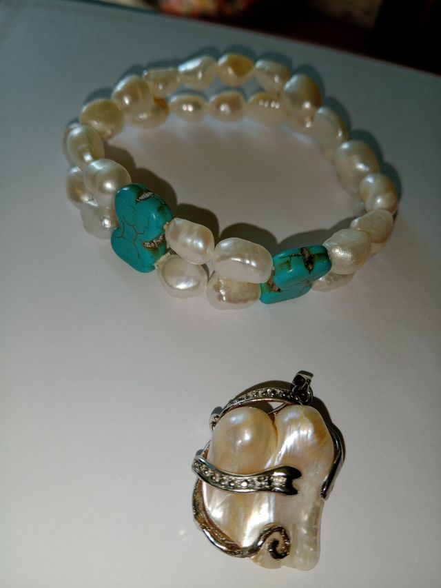 Pulsera y colgante perlas-Plata