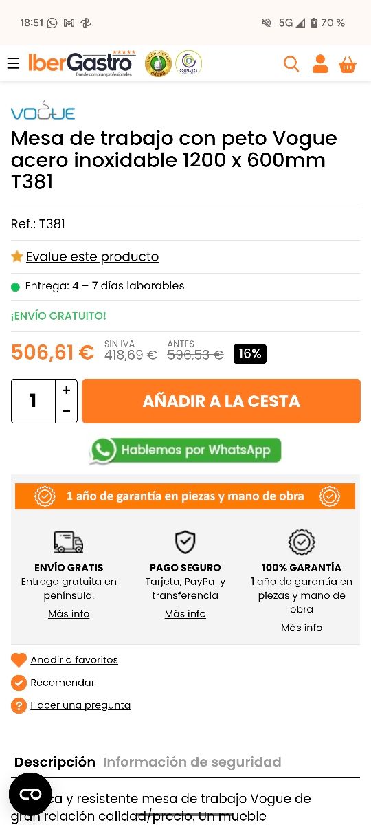 Mesa acero inox desmontable Vogue.