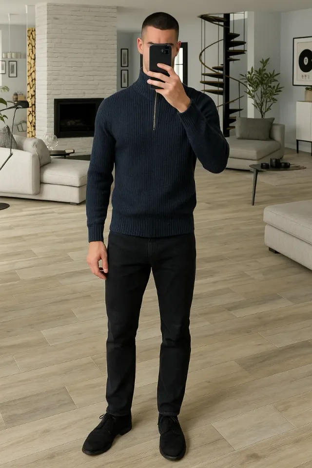 Suéter punto azul marino c/cremallera