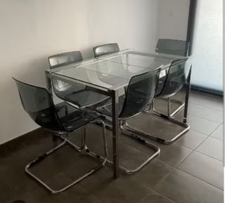 Mesa cristal extensible con 2 sillas Tobias Gris