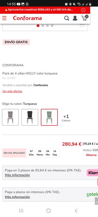 Pack 4 sillas Conforama turquesa