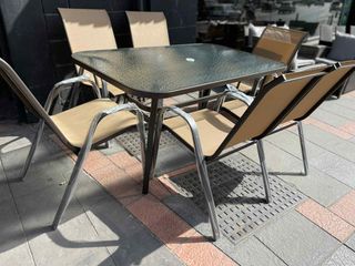 Mesa terraza 6 sillas metal beige