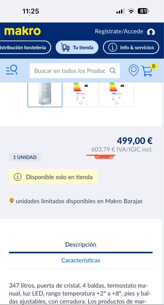 Nevera  cristal frigorifico expositora Makro