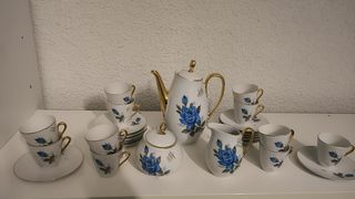 Juego café porcelana dorado, azul y blanco