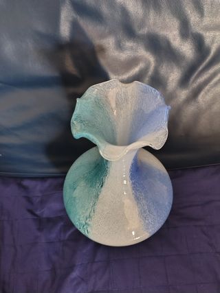 Vaso vetro soffiato blu e bianco e verde