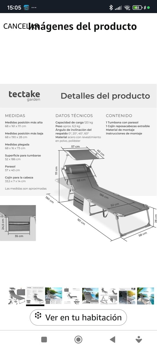 Tumbona TecTake Plegable Gris