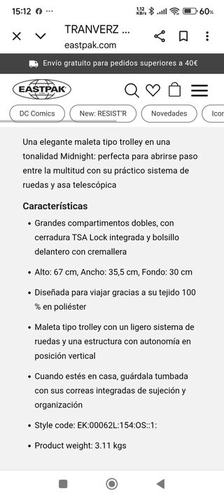 Maleta Eastpak negra mediana. Medidas 67x35,5x30.