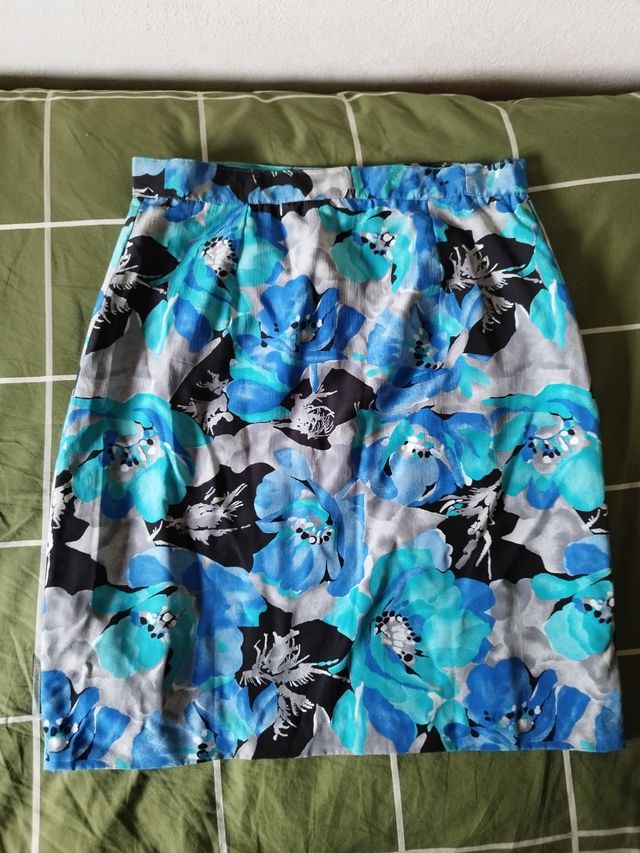 Gonna seta fiori blu grigio