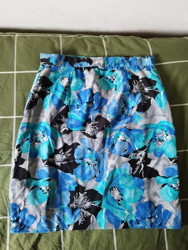 Gonna seta fiori blu grigio