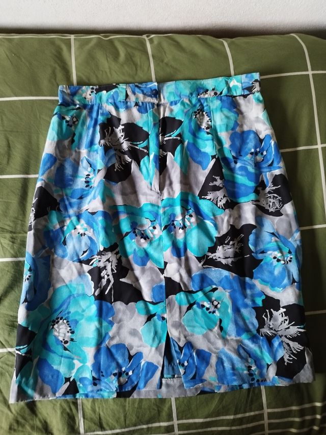 Gonna seta fiori blu grigio