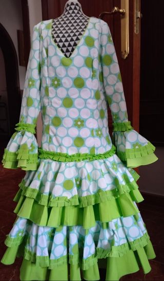 Vestido Flamenca niña lunares verde blanco