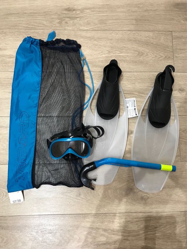 Aletas gafas y tubo natación con bolsa TRIBORD