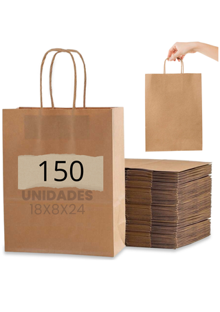150 Bolsas Papel Kraft - 18x8x24cm