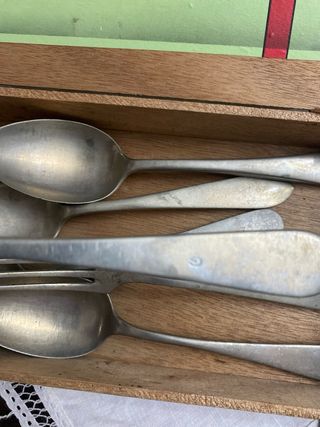 Cubiertos de alpaca antiguos en caja Kareli