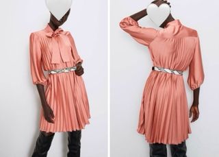 Vestido de manga larga plisado rosa-coral