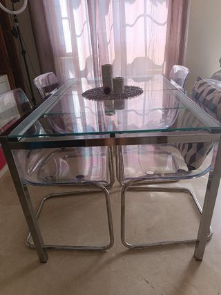 Mesa cristal acero + 4 sillas