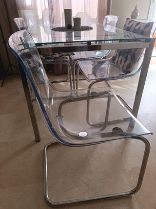 Mesa cristal acero + 4 sillas