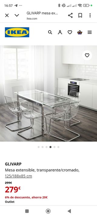 Mesa cristal acero + 4 sillas