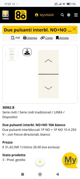 2 Pulsanti Vimar N.O. interbloccabili