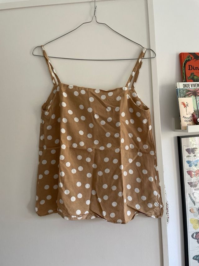 Top de alças Mango creme com bolinhas brancas, S